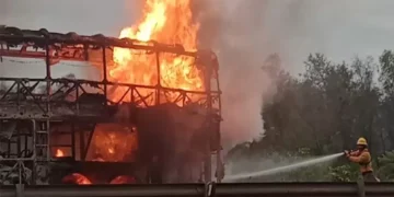 Pudo ser una tragedia: Se prendió fuego un colectivo sobre la Ruta 34
