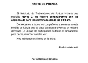 Sigue el paro azucarero por tiempo indeterminado